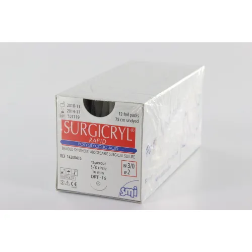 SMI SURGICRYL RAPID 3-0 MIT 3/8 KREIS RUNDER NADEL SCHNEIDSPITZE DRT16mm 75cm (12 Stück)